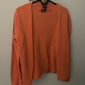 Orange Eileen Fisher Knit Blouse and Cardigan (Gently Used, Size Medium)